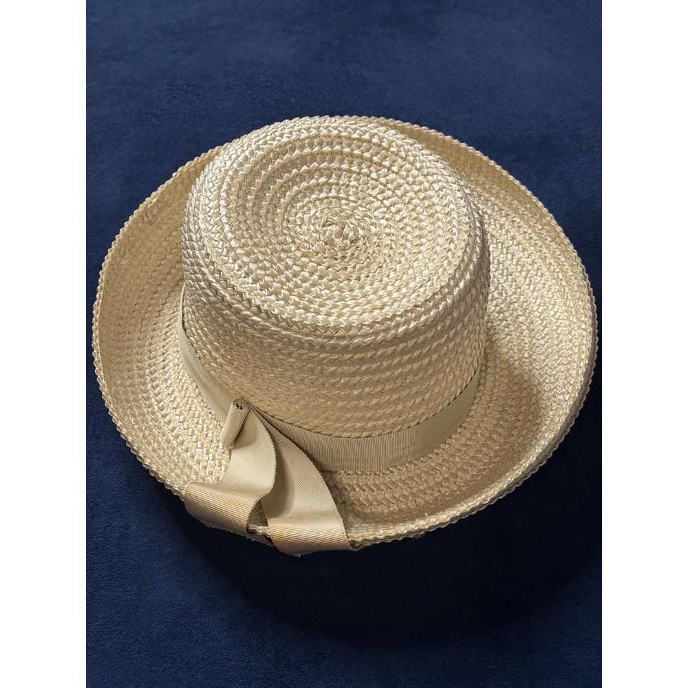 Vtg Lonette Originals Straw Boater Hat Cream Ribbon Union Made Los Angeles Rare